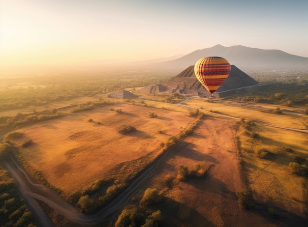 Bunte Heißluftballons fliegen über die antike Pyramide von Teotihuacan, Mexiko