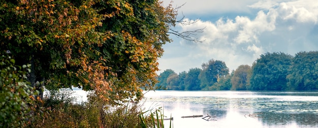 Bunte Herbstbäume am Fluss, Reflexion von Bäumen im Fluss, Panorama