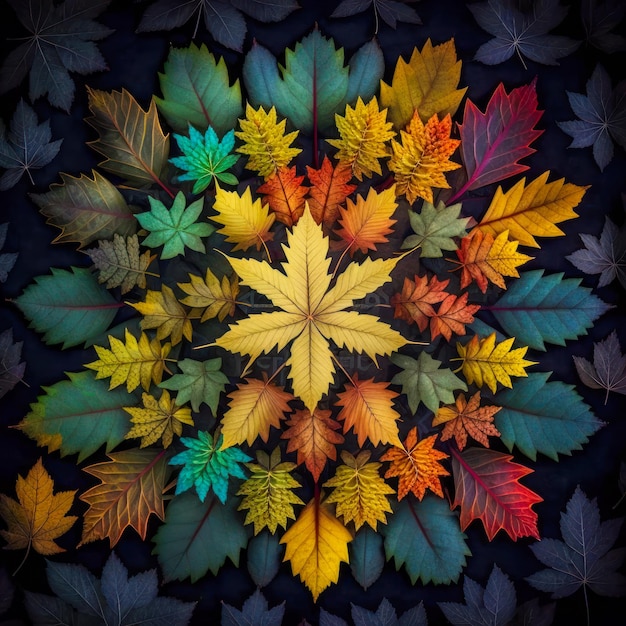 Bunte Herbstblätter im Kreis auf dunklem Hintergrund angeordnet Generative AI