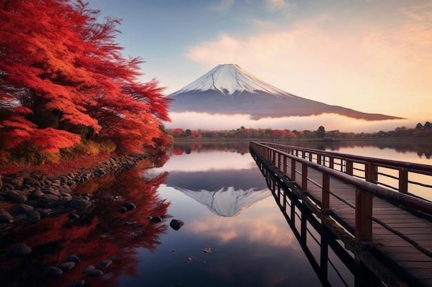 Bunte Herbstsaison und Berg Fuji mit Morgennebel und roten Blättern am Kawaguchiko-See in Japan