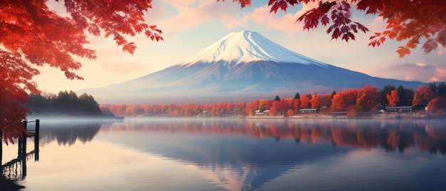 Bunte Herbstsaison und Bergfuji mit Morgen