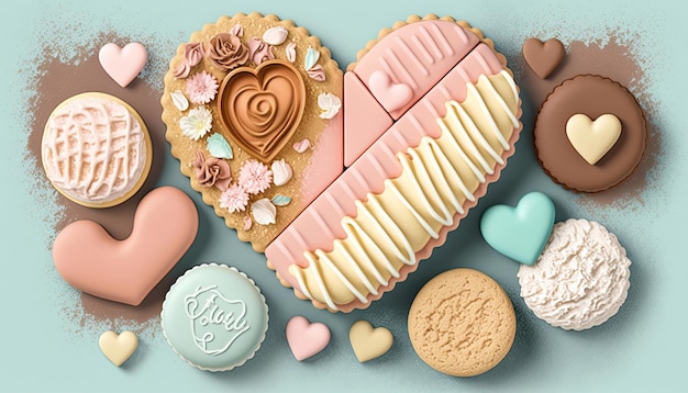 Bunte Herzbonbons zum Valentinstag, Muttertag oder Geburtstag, dekoriert auf farbigem Hintergrund Generative AI