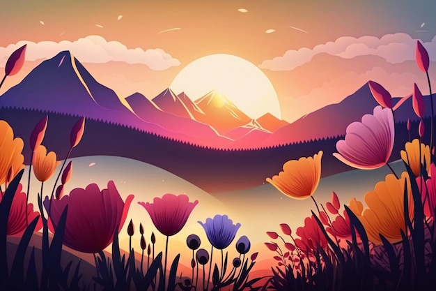 Bunte Illustration der Frühlingslandschaft mit blühenden Blumen und Sonnenaufgang