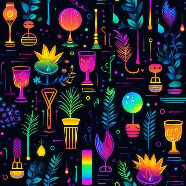 Bunte Illustration einer bunten Bar mit bunten Gläsern und Blumen.