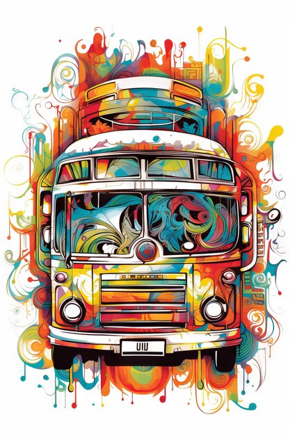 Bunte Illustration im Graffiti-Stil eines Busses mit hohen Details auf weißem Hintergrund