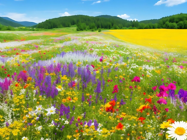 Bunte Illustration von Blumenwiesen mit Sonnenstrahlen im Sommer, ai generiert