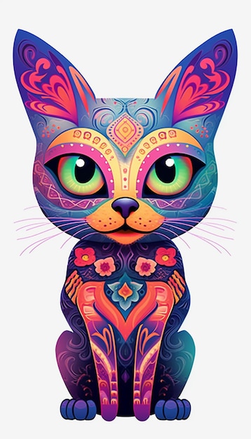 Bunte Katze mit kunstvollem Design sitzt auf weißem Hintergrund, generative KI