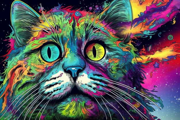 Bunte Katze mit leuchtenden Augen und buntem Hintergrund, generative KI