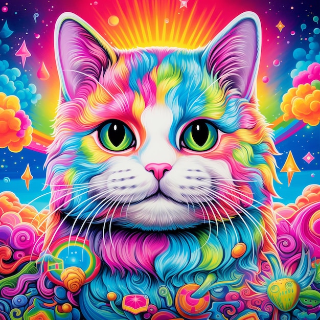 Bunte Katze mit Regenbogenaugen und regenbogenfarbener Mähne, generative KI