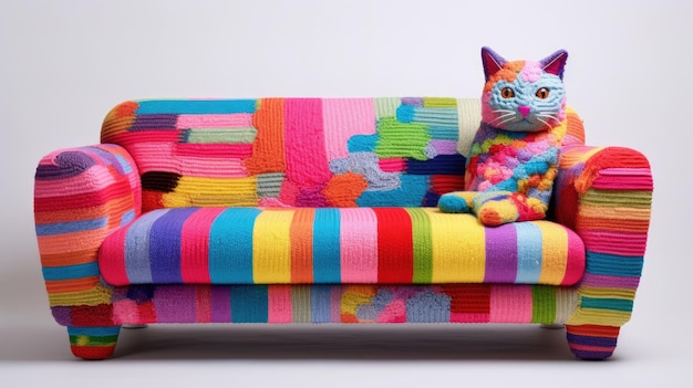 Bunte Katze sitzt auf einem Sofa 8K-Hintergrundbild