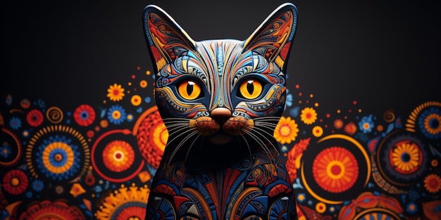 Bunte Katzenstatue mit leuchtend gelben Augen und kunstvollem generativem Muster
