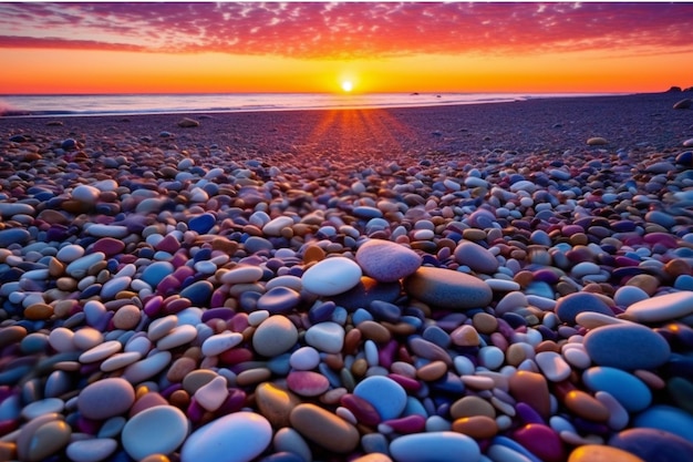 Bunte Kieselsteine am Strand bei Sonnenuntergang oder Sonnenaufgang