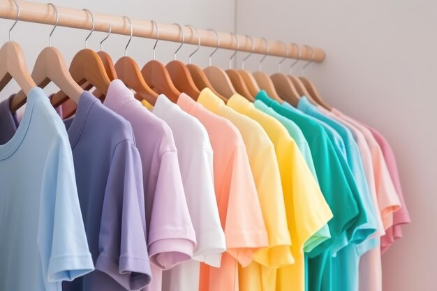 Bunte Kleidung auf dem Kleiderständer in pastellfarbener Nahaufnahme