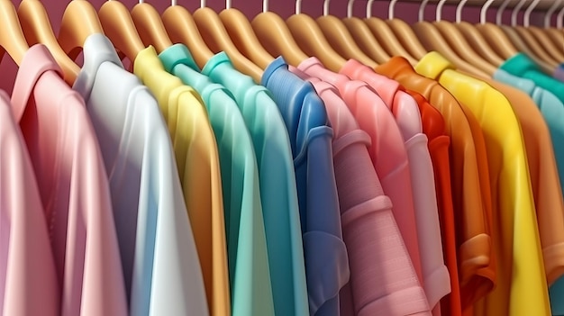 Bunte Kleidung auf dem Kleiderständer, pastellfarbener Schrank. Generative KI