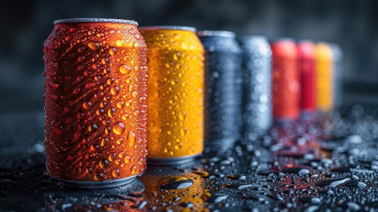 Foto bunte leere dosen soda mit wassertropfen