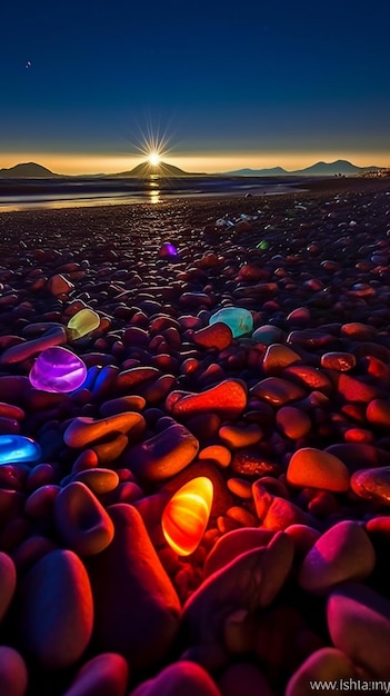 Foto bunte lichter am strand bei sonnenuntergang