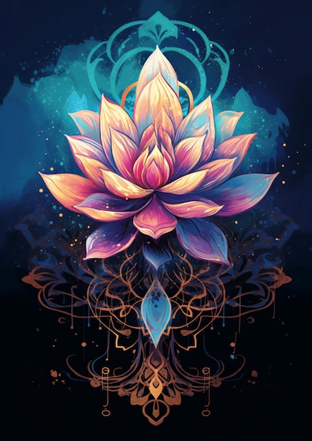 Bunte Lotusblume mit kunstvollem Design auf dunklem Hintergrund, generative KI