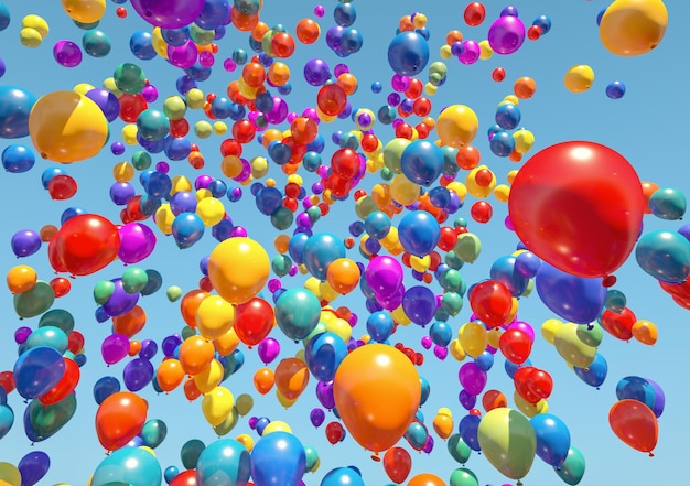 Foto bunte luftballons, die in den himmel fliegen - 3d-rendering