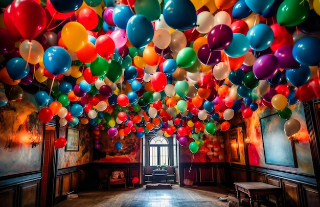 Bunte Luftballons hängen von der Decke