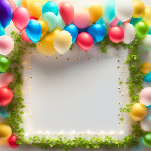 Foto bunte luftballons in einem rahmen mit dem wort „alles gute zum geburtstag“ darauf