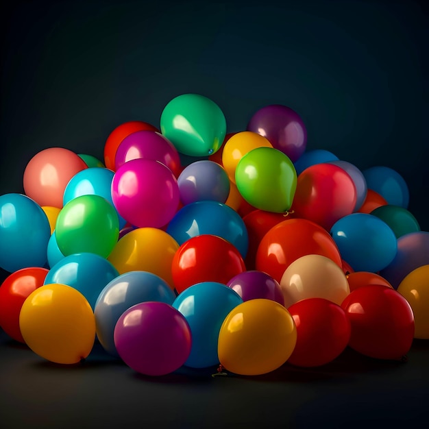 Bunte Luftballons isoliert auf schwarzem Hintergrund, 3D-Renderdarstellung