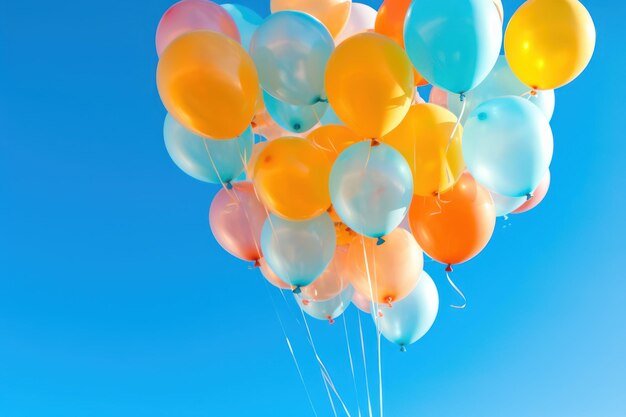 Bunte Luftballons schweben vor einem klaren blauen Himmel. Generative KI