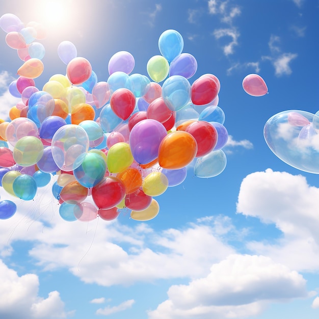 Bunte Luftballons zwischen blauem Himmel und weißen Wolken