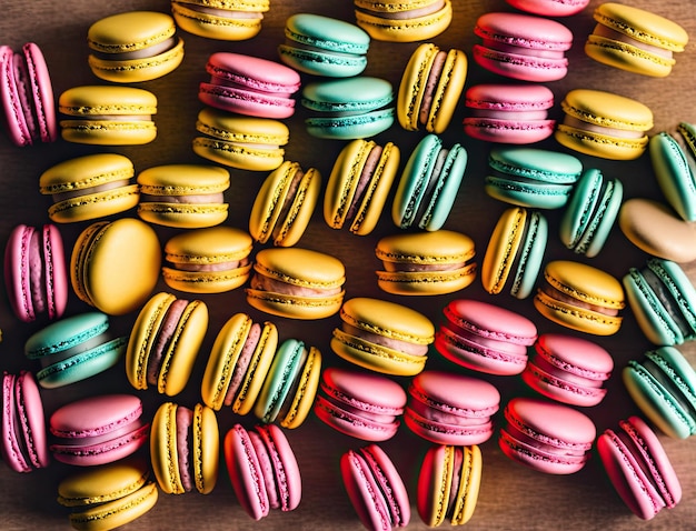 bunte macarons in reihe teig rosa snack süß schmackhaft traditionell gelb