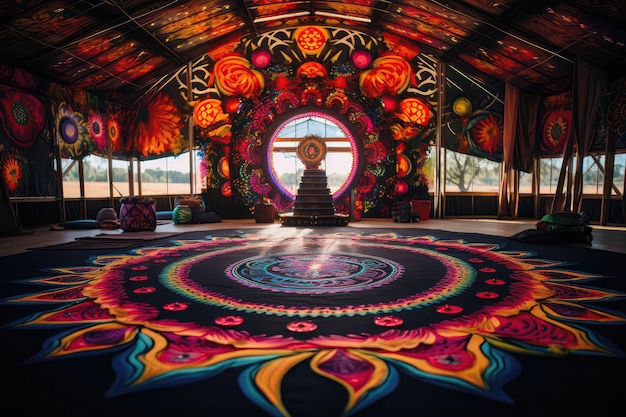 Bunte Mandala-Kulisse während des glückseligen Yoga-Festivals