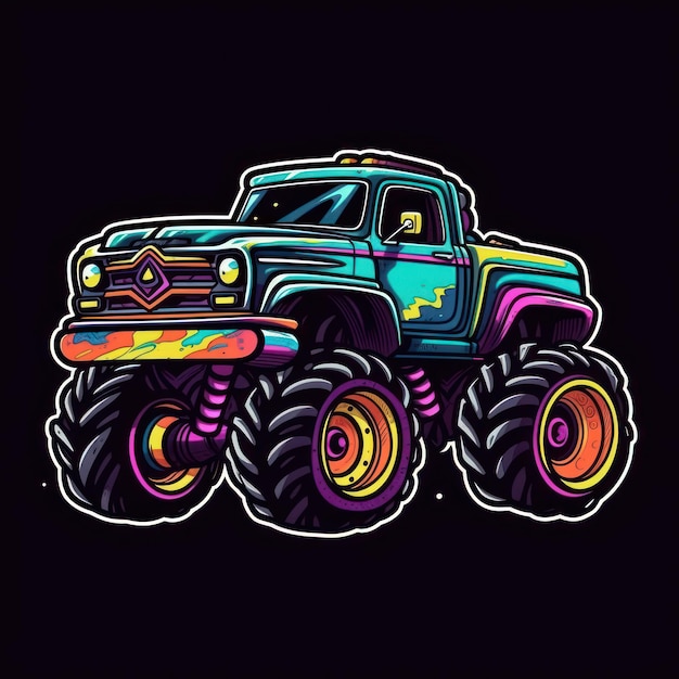 Foto bunte monster-truck-aufklebergrafik mit weißer randkontur