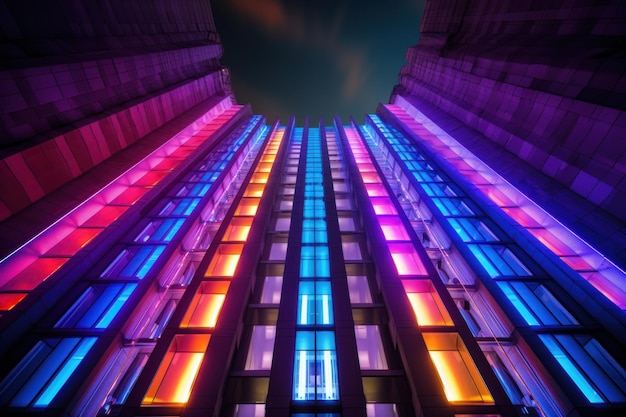 Bunte Neonlichter beleuchten den modernen Wolkenkratzer und schaffen nachts eine futuristische und abstrakte Atmosphäre in der Stadt. Ai generativ