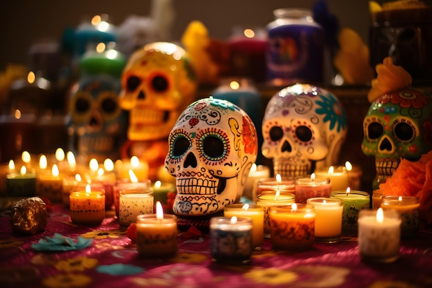 Bunte Ofrenda mit Zuckerschädeln und Kerzen