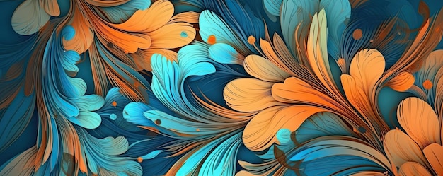 Bunte orange und blaue Blumen und Blätter Wiederholende florale horizontale Grenze Generative KI