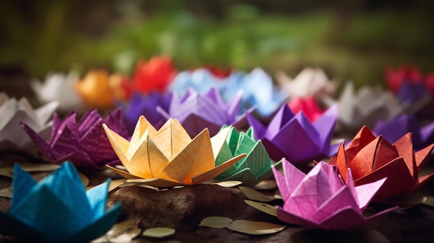 Bunte Origami-Boote auf einem Tisch mit Blättern auf dem Boden