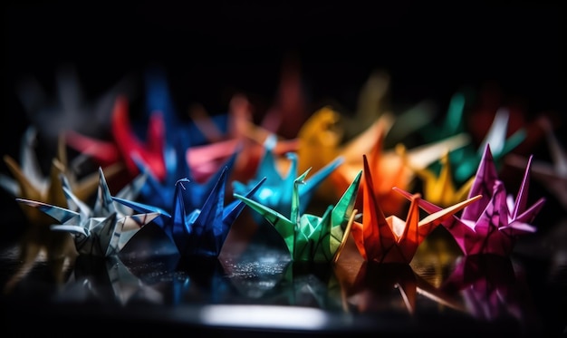 Bunte Origami-Vögel auf einem Tisch