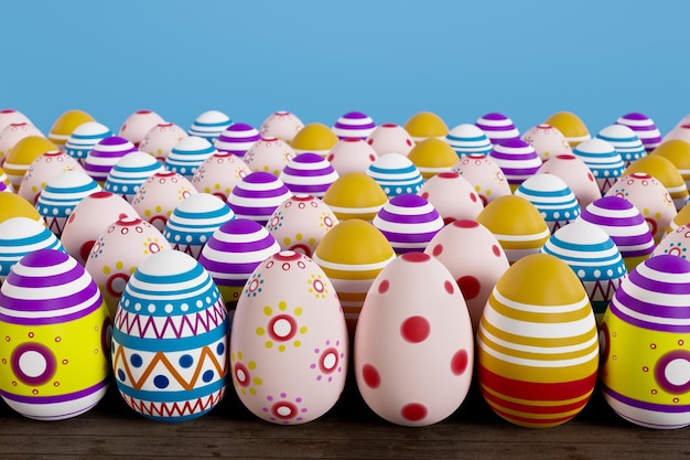 Bunte Ostereier auf altem Holztisch für den Ostertag 3D-Render