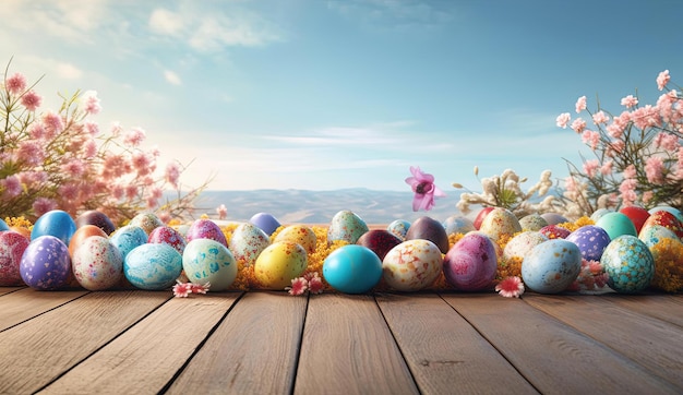 Bunte Ostereier auf Holzboden mit bunten Blumen im Stil lichtdurchfluteter Landschaften