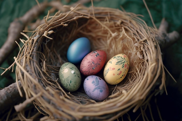 Bunte Ostereier im Nest auf Wiese Ai generativ