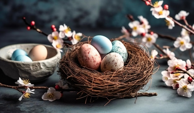 Bunte Ostereier und ein mit Blumen geschmücktes Nest