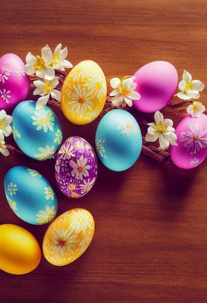 Bunte Ostereier und Zweig mit Blumen auf Holzschreibtisch