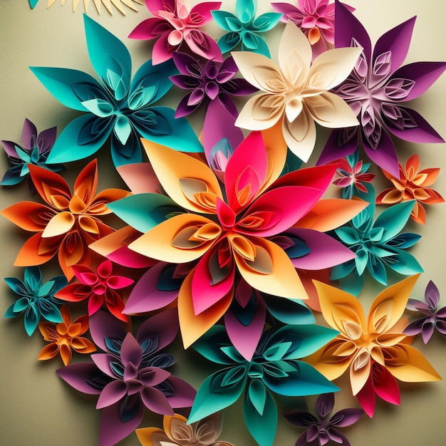 Bunte Papierblumen, kreisförmig an einer Wand angeordnet, generative KI