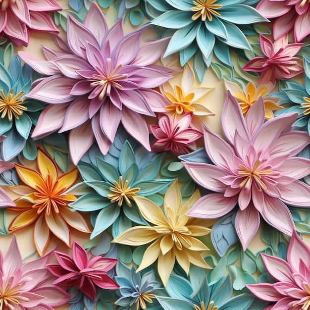 Bunte Papierblumen sind in einer Wand aus generativen Farben unterschiedlicher Farben angeordnet