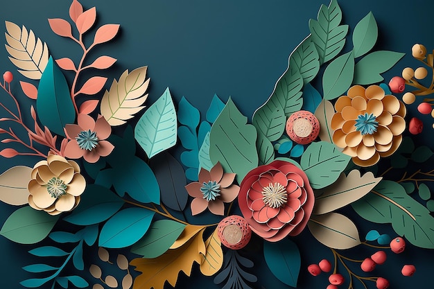 Bunte Papierschnittblumen mit grünen Blättern auf blauem Hintergrund Illustration Generative AI