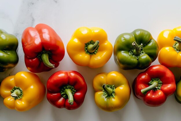 Foto bunte paprika in perfekter reihe auf weißem hintergrund