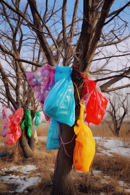 Bunte Plastiktüten, die in Baumzweigen in der Nähe einer mit generativer KI angelegten Mülldeponie verwickelt sind