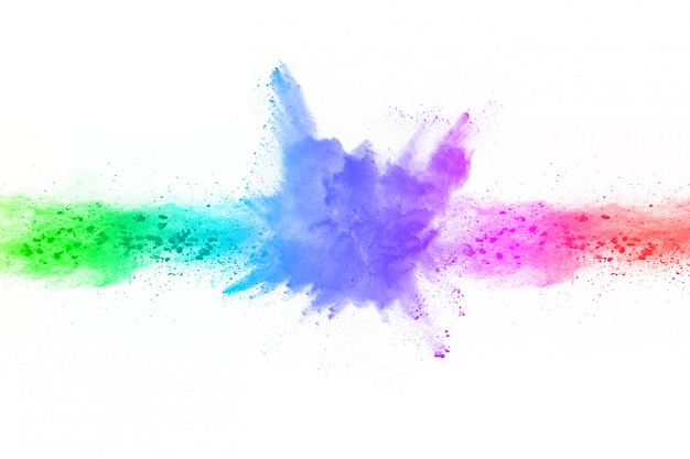 Bunte Pulverexplosion auf weißem Hintergrund.