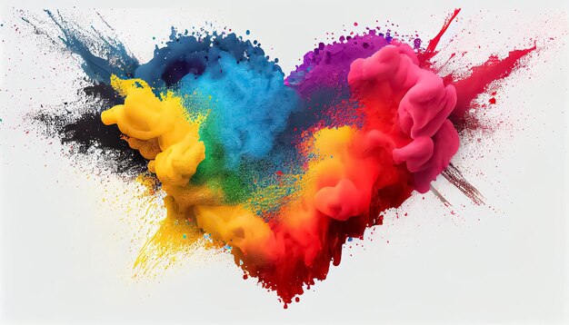 Bunte Regenbogen-Holi-Farbpulverexplosionsherzform weißer Hintergrundszene