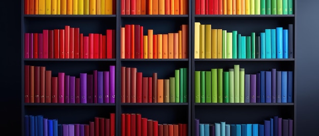 Bunte Regenbogenordner auf einem Bücherregal-Hintergrund