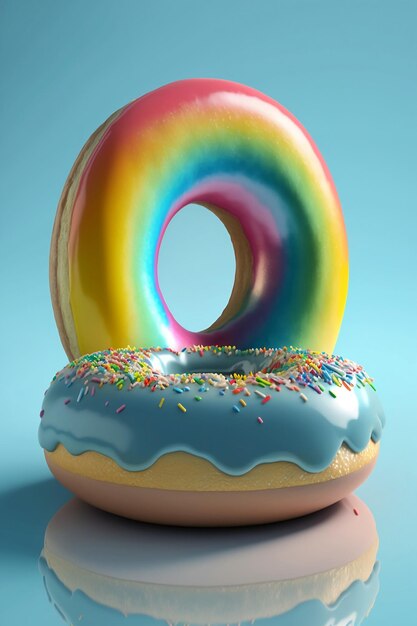Bunte regenbogenverglaste Donuts auf pastellblauem Hintergrund