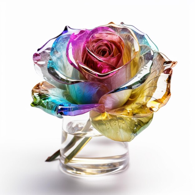 Bunte Rose in einer Glasvase mit Wasser auf weißem Hintergrund, generative KI
